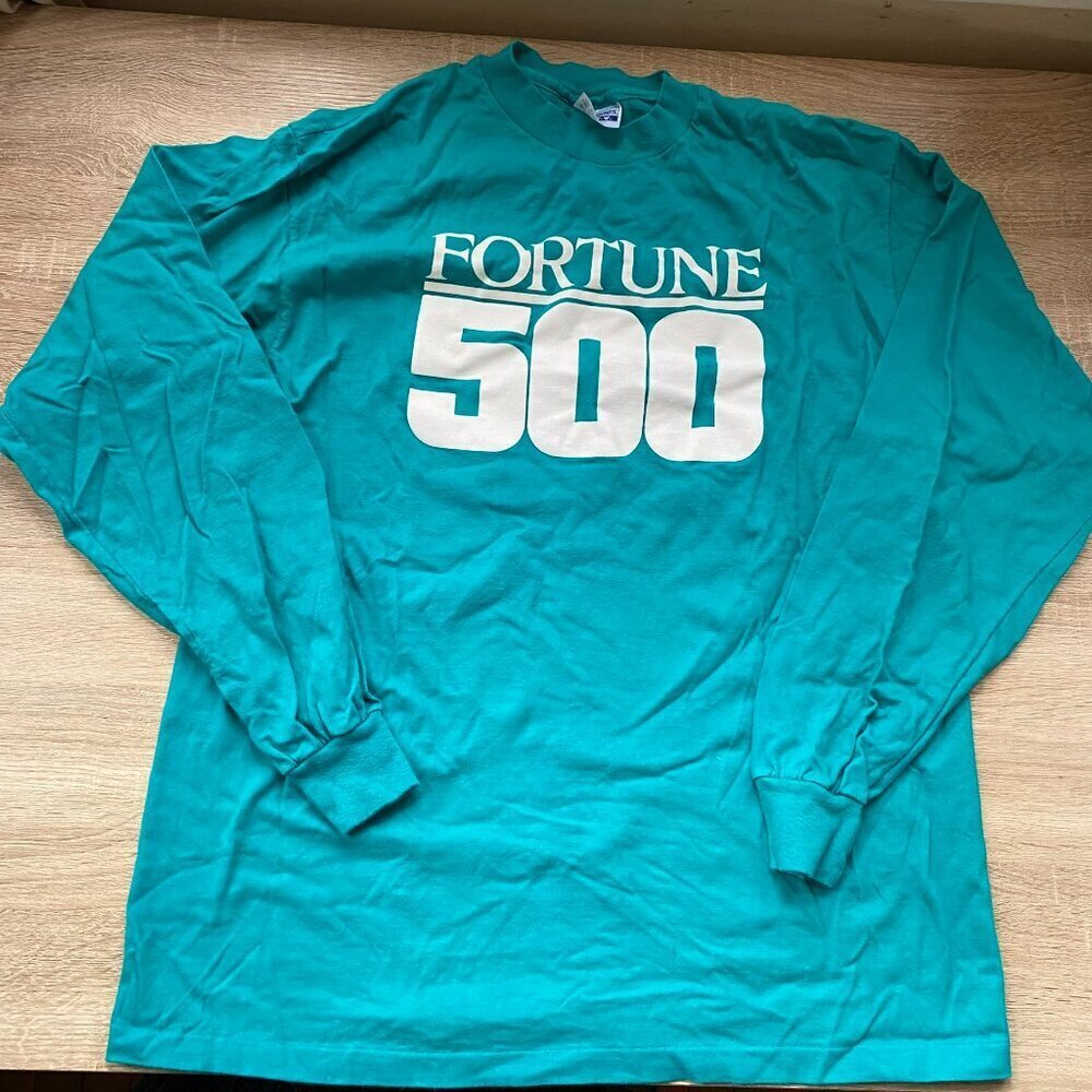 Vintage 90s Hanes Fortune 500 Long Sleeve T Shirt Teal Blue